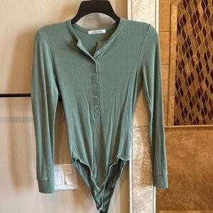 Green Ribbed Long Sleeve Bodysuit